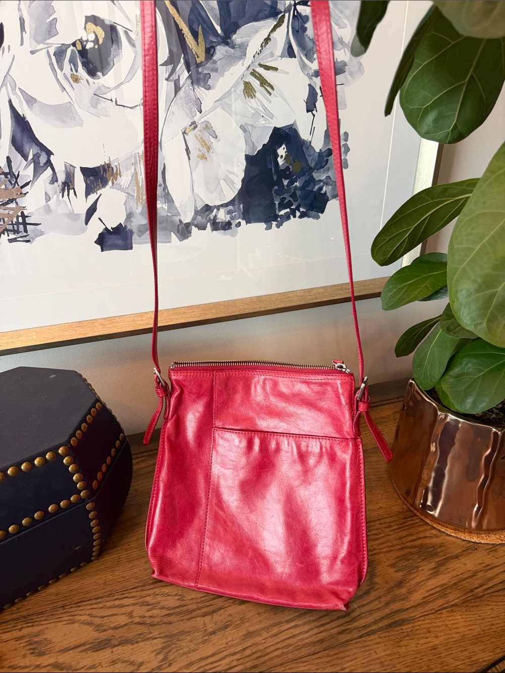 HOBO Red Leather Crossbody Bag with glasses pocket and pen pocket